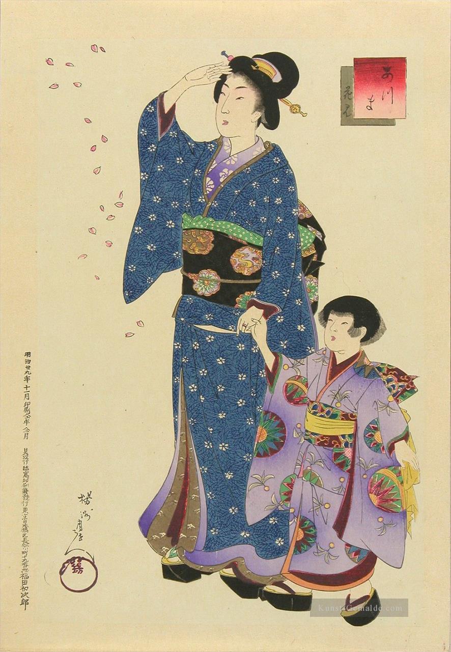 Die Moden der Ost Azuma, eine Frau und ein Kind, das die Kirschblüten beobachtet, fallen Toyohara Chikanobu Ölgemälde